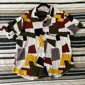 Men’s summer color block printed collar button down short sleeve beach shirt